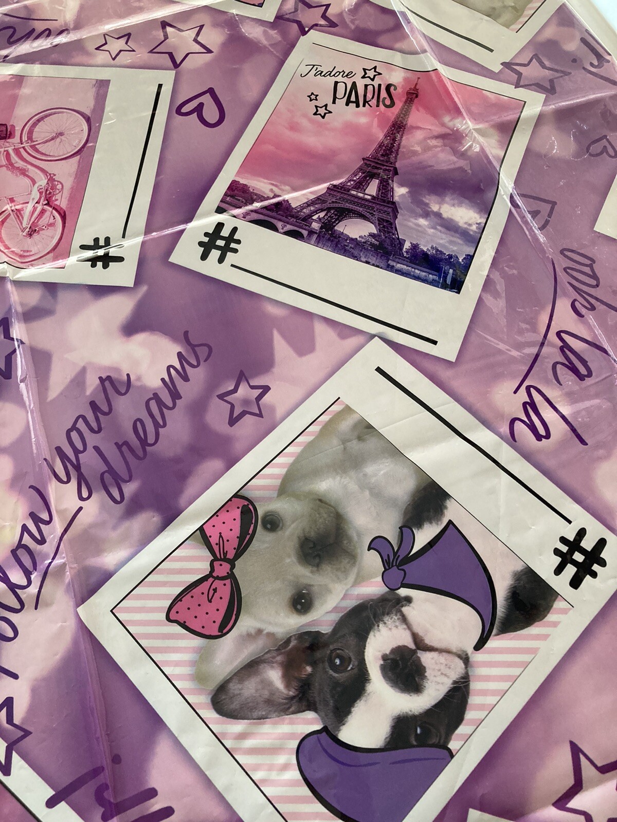 Justice Girls Pink / Purple Tablecloth Paris – French Bulldogs / Puppies – Used