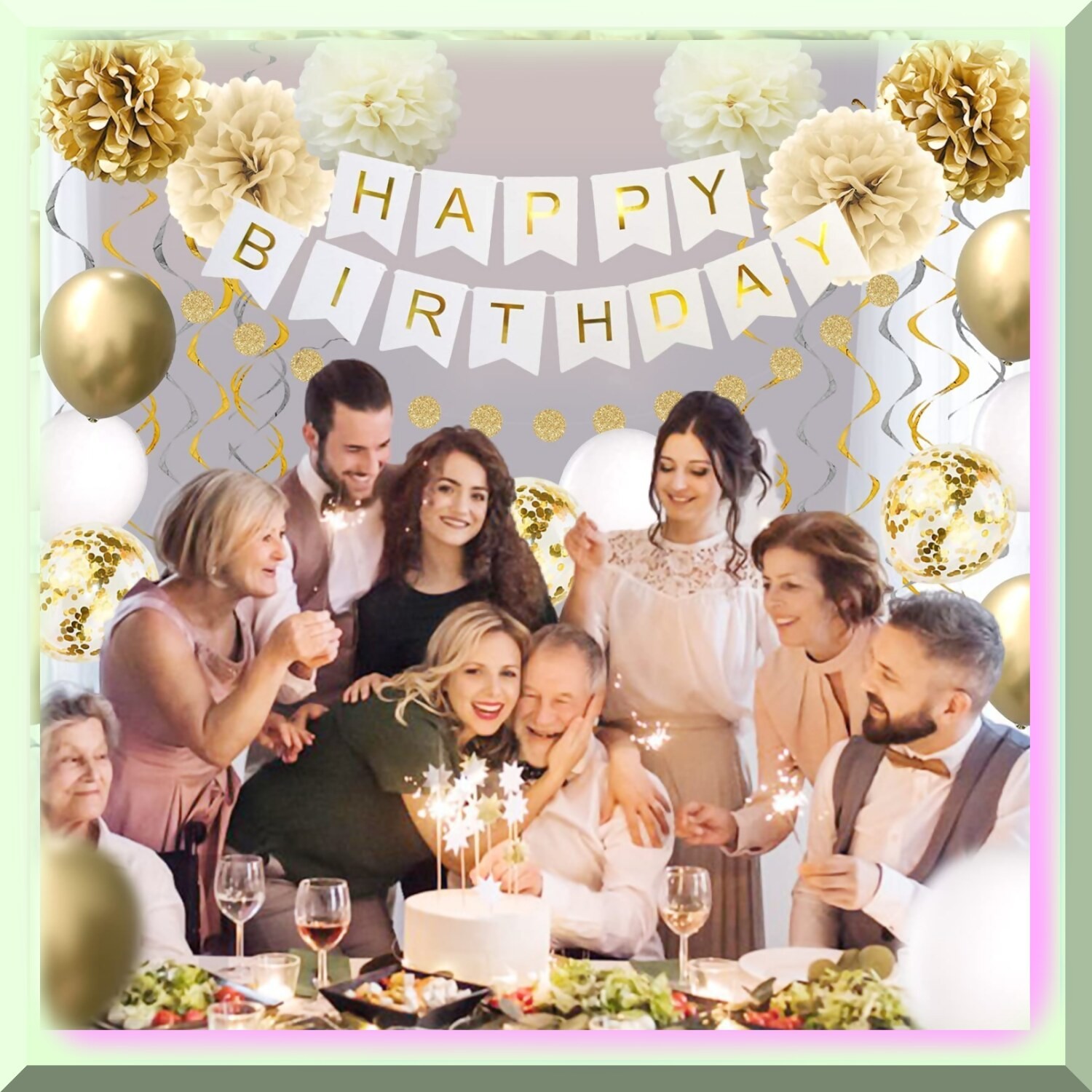 Gold Celebration Kit with Banner, Balloons, Garlands