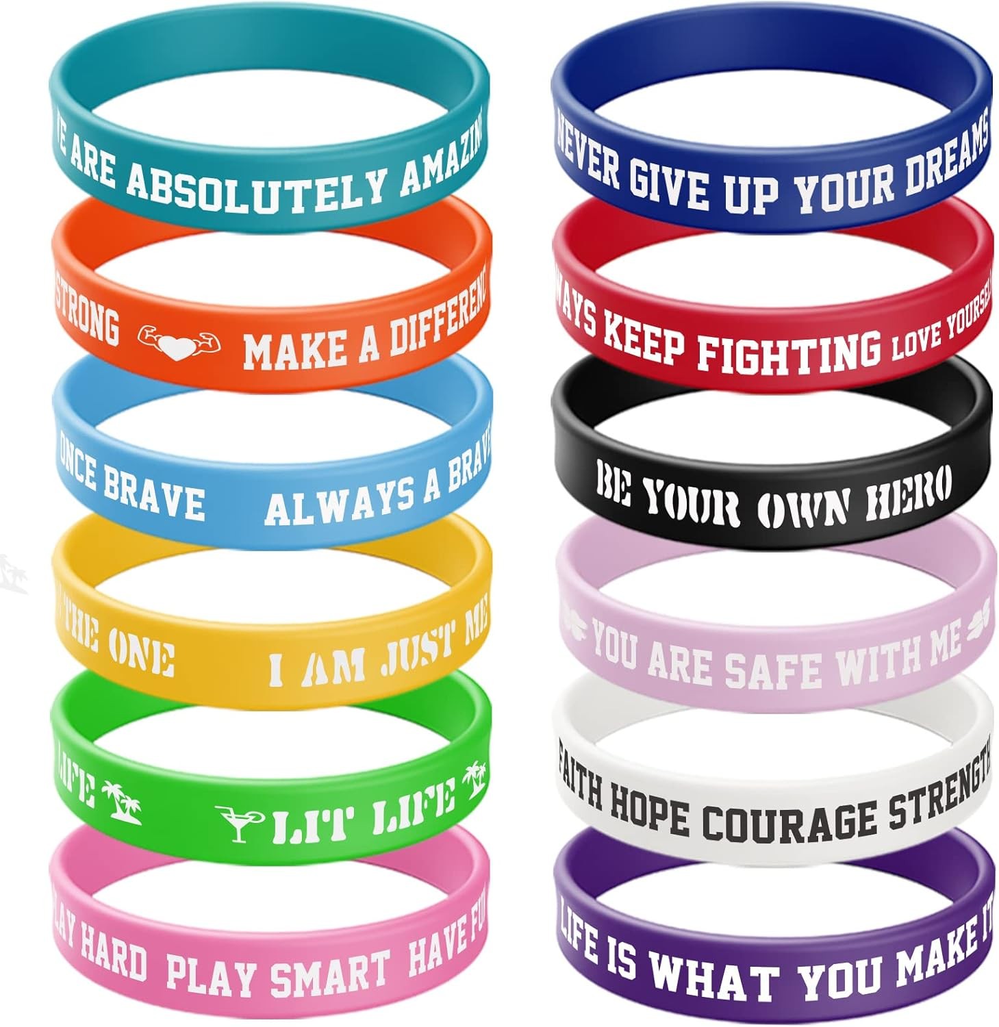 12 Pcs Inspirational Rubber Bracelet Motivational Quote Silicone Colorful