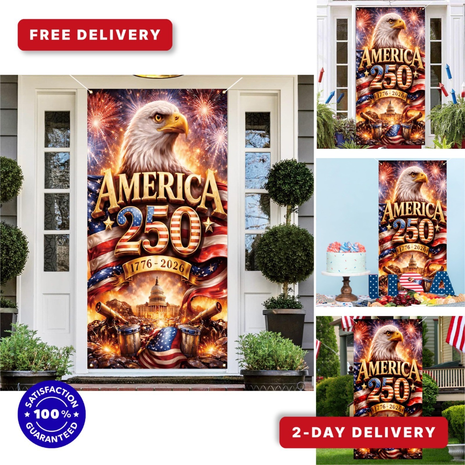 Jiudungs America 250th Anniversary Flag Door Cover – Patriotic Decorations