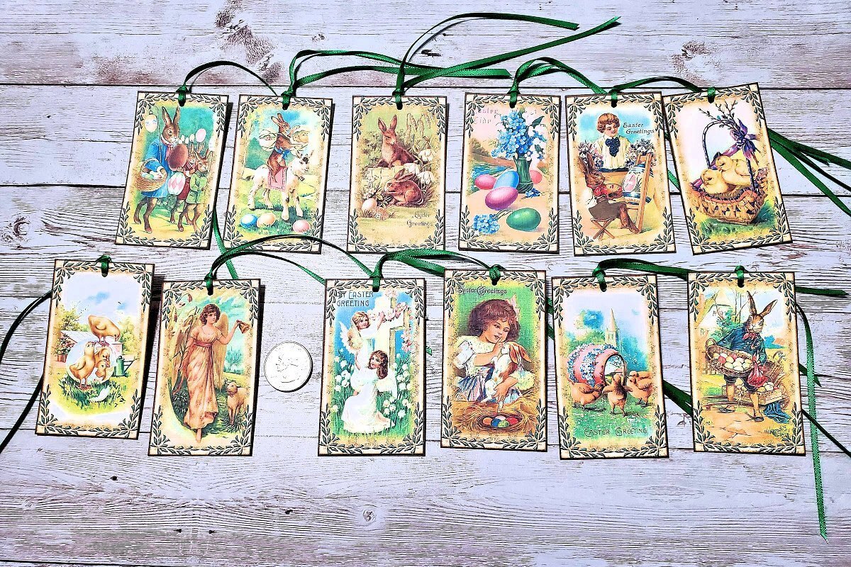 12~Easter~Vintage~Victorian~Bunnies~Eggs~Linen Cardstock~Gift~Hang~Tags