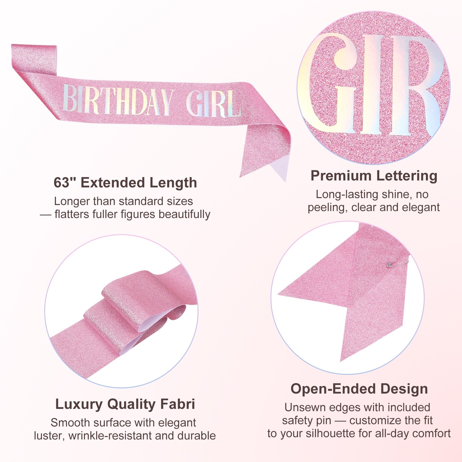 1-Pack Birthday Sash, Sequined Fabric Birthday Gifts Decor [Pink Glitter]