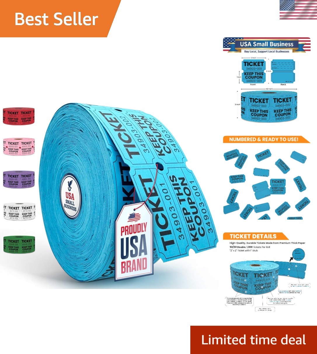 2000 Pcs 1000 Pairs Raffle Tickets Double Roll, 50/50 Blue Raffle Tickets for…