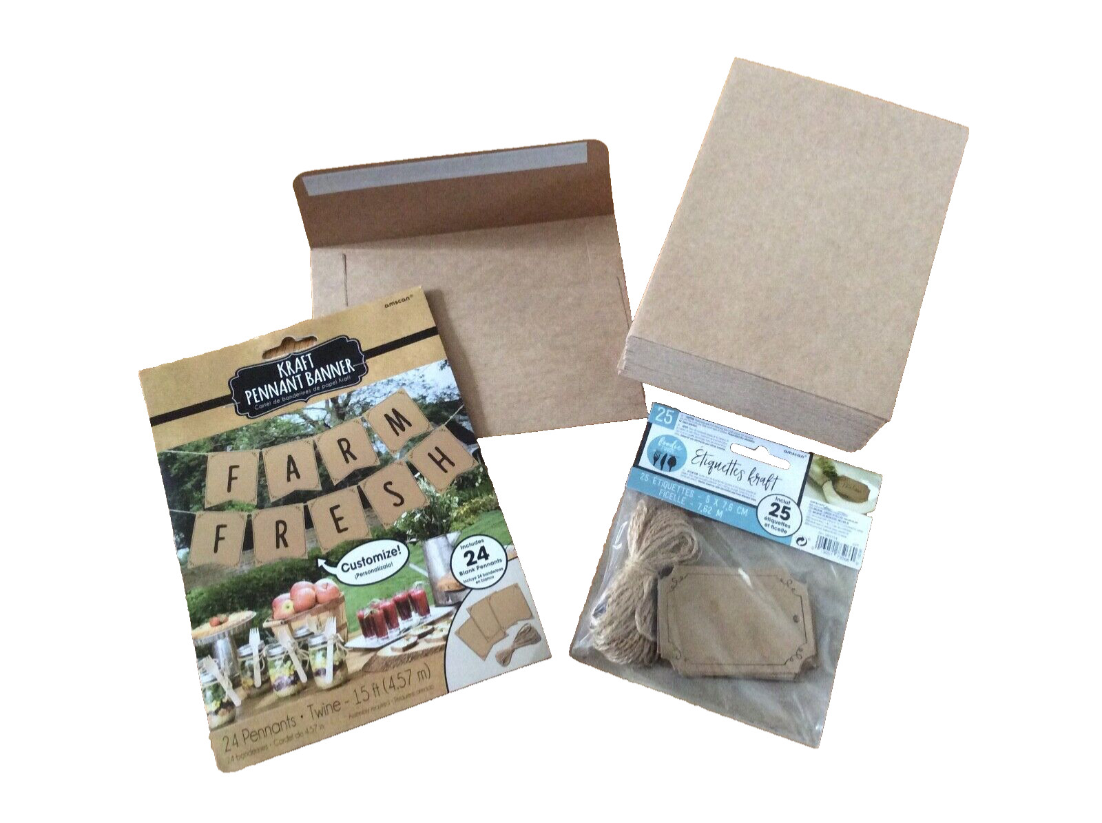 Kraft paper scrolled DIY party lot 15’ banner 25 tags twine 50 envelopes NEW