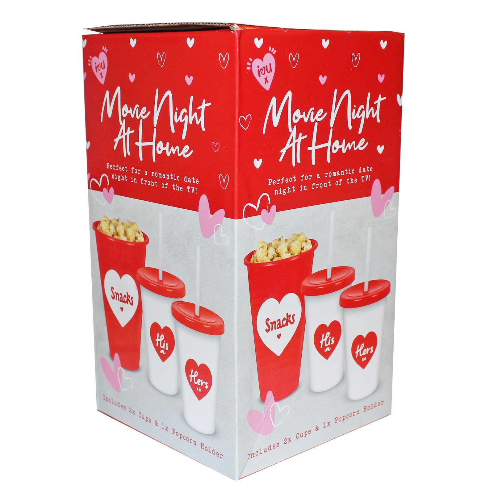Popcorn Holder, and 2 Cups with Straws Valentines Movie Date Night Set