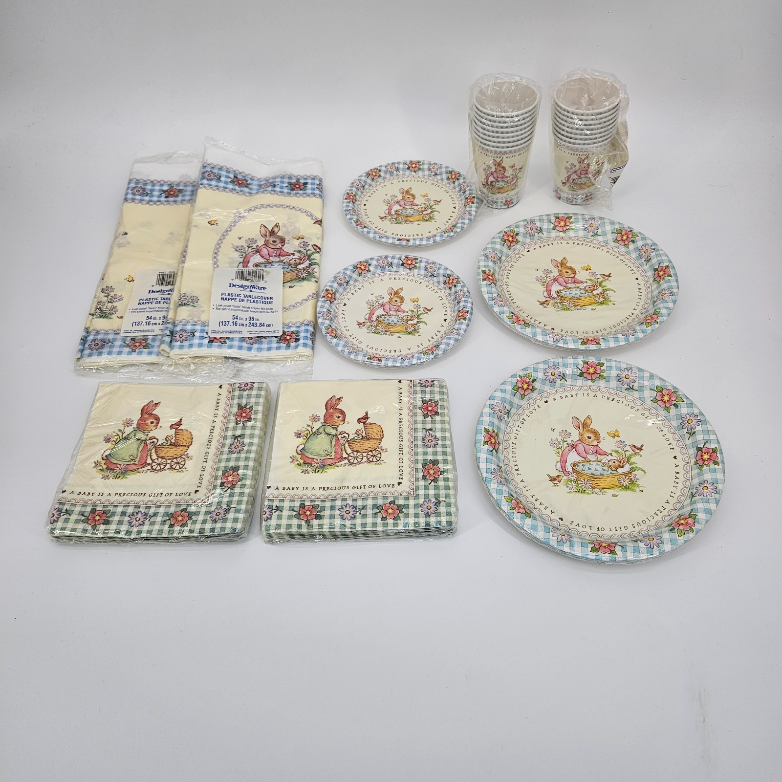 Vintage DesignWare Bunny Baby Shower Supplies Tablecloths Cups Plates Napkins