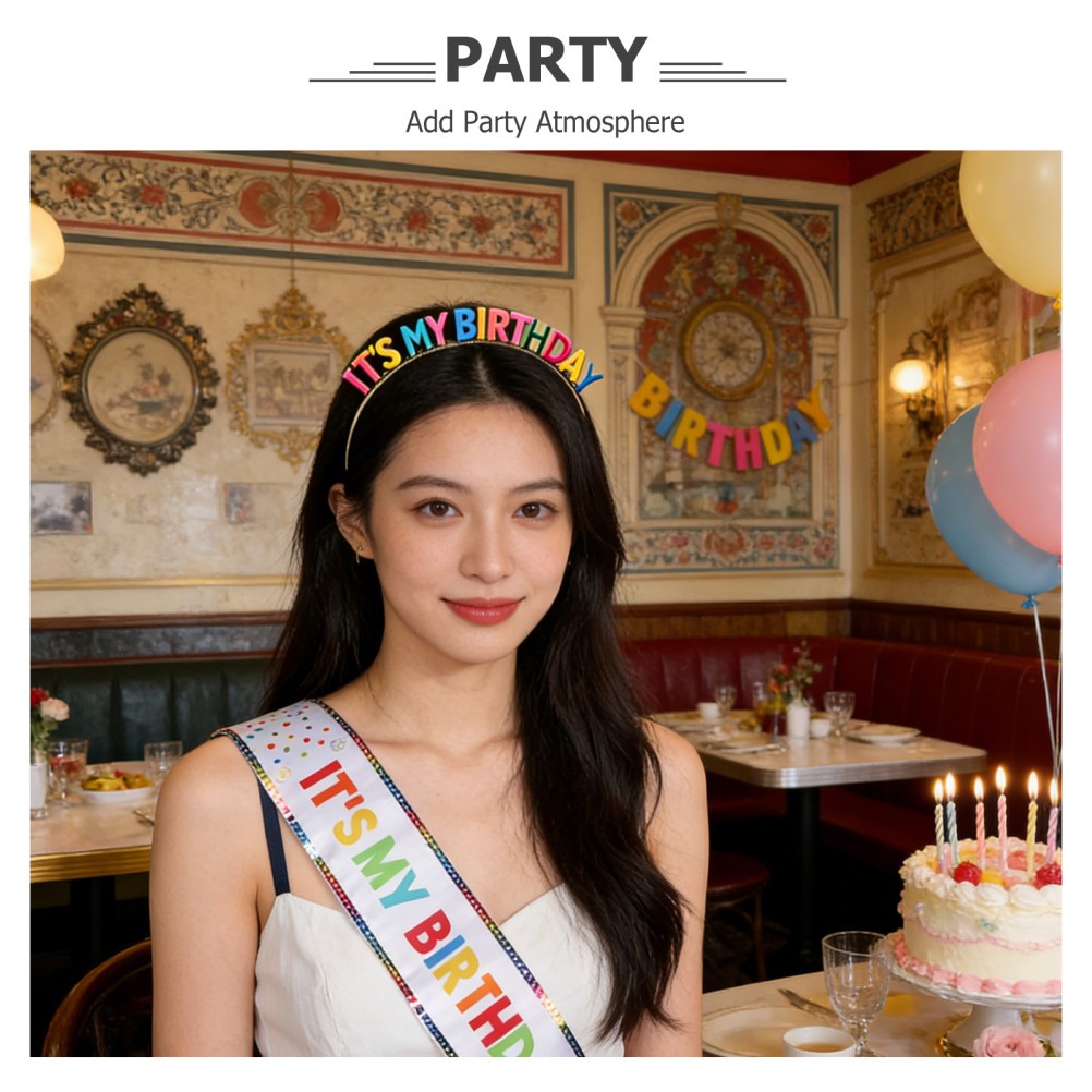 1 Set Colorful Birthday Headband and Sash Durable Zinc Alloy Party Decoration