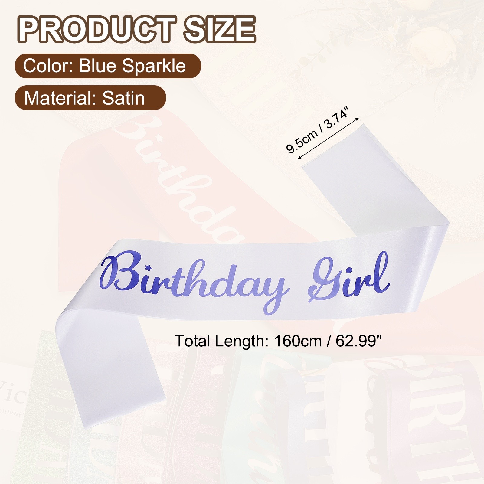Birthday Girls Sash with Pin Blue Sparkle Lettering for Birthday Party, White