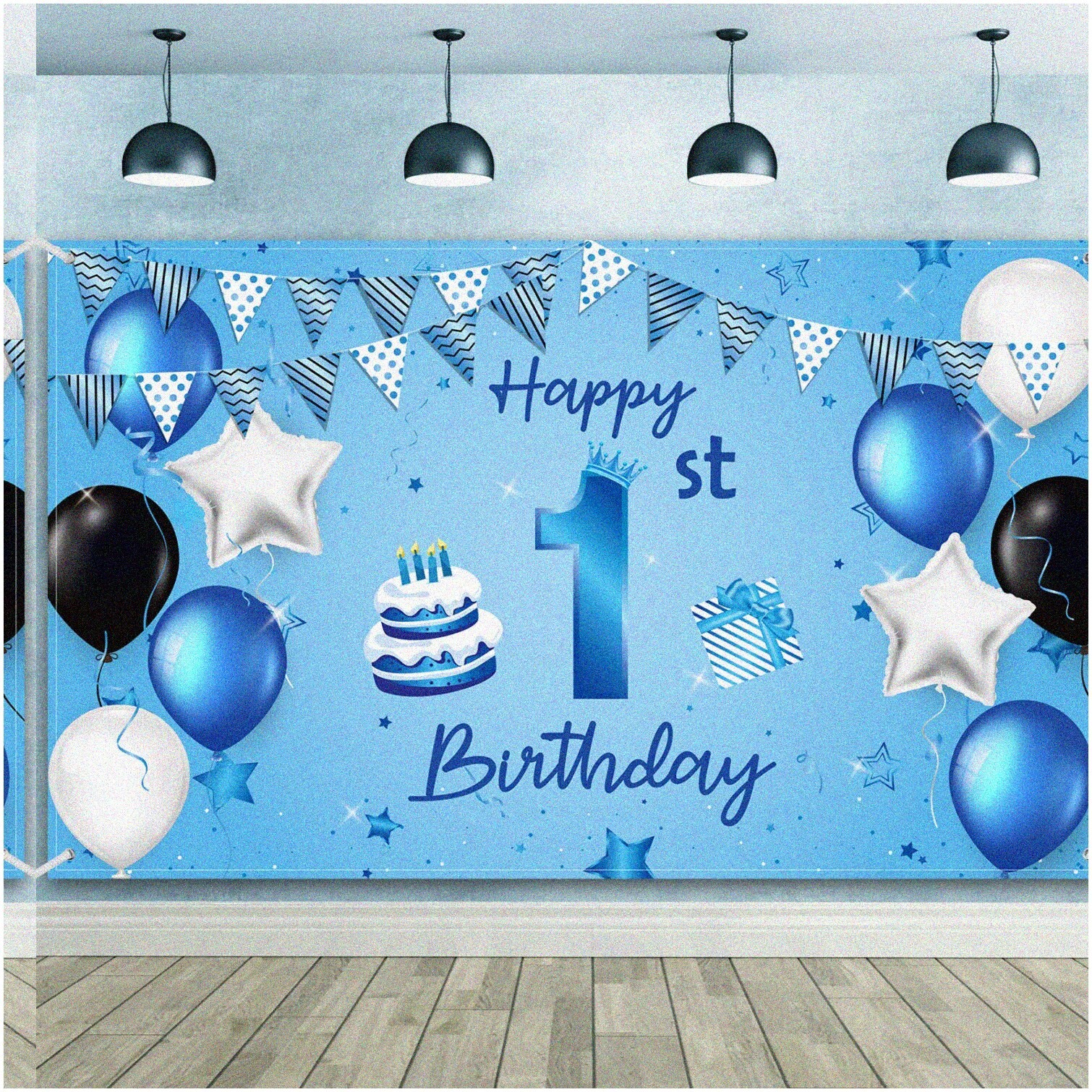 Blue First Birthday Fabric Backdrop with Birthday Decorations