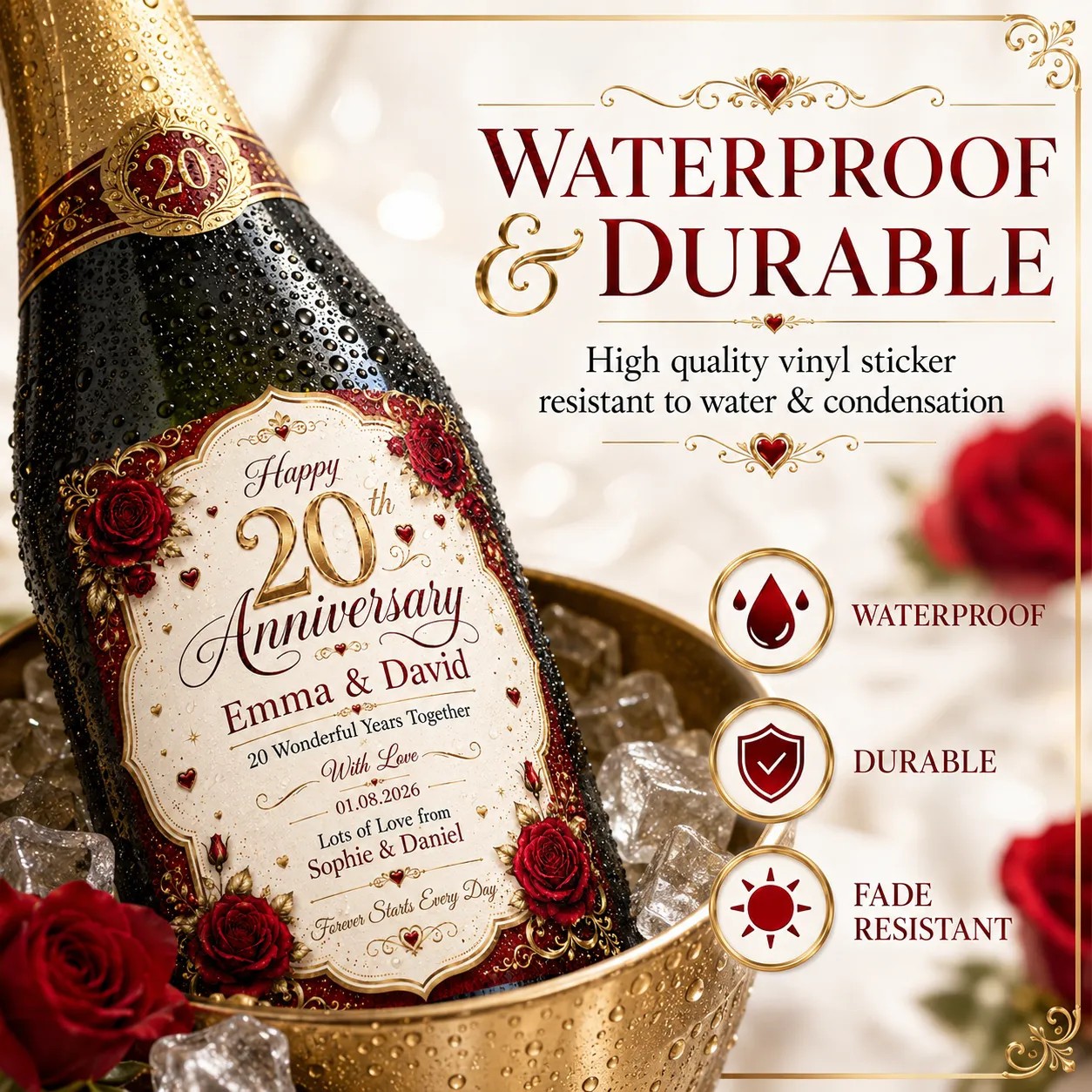 Personalised 20th Anniversary Bottle Label Sticker Wine Gift Red Rose