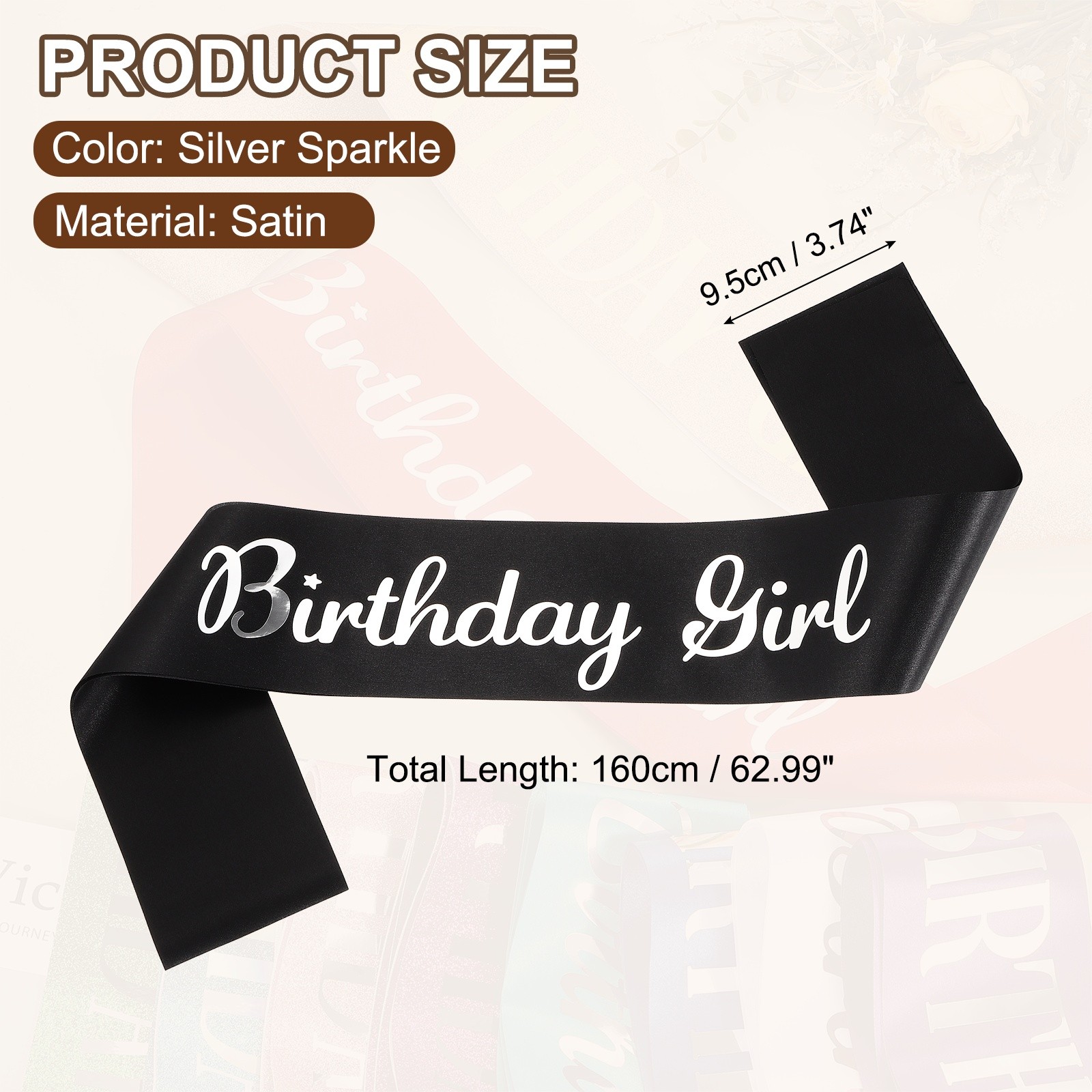 Birthday Girls Sash with Pin Silver Sparkle Lettering for Birthday Party, Black