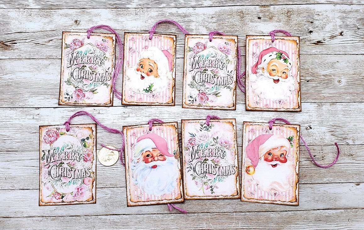 8-Christmas-Shabby Chic-Rose-Santa-Linen Cardstock-Gift-Hang-Tags