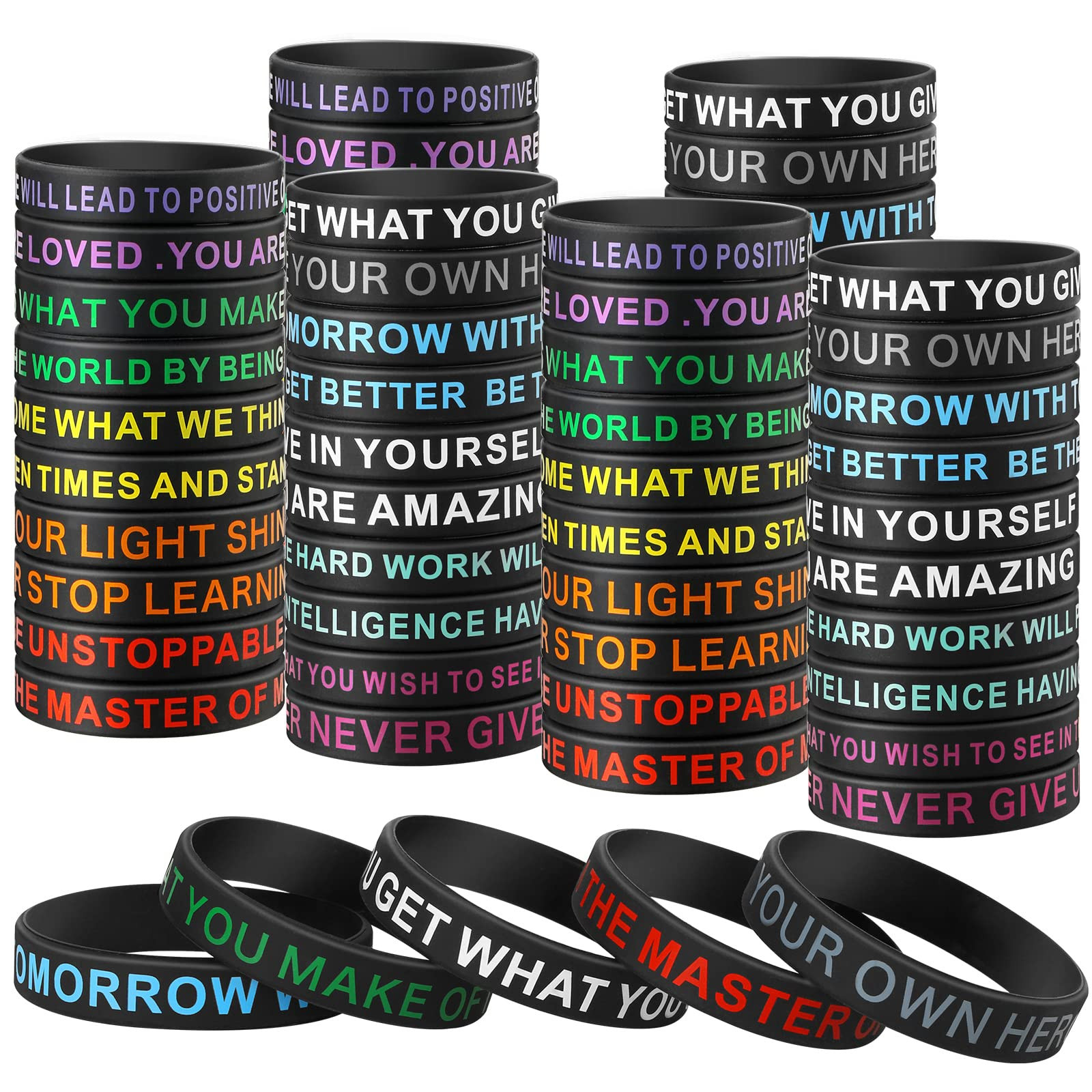 QEERBSIN Inspirational Silicone Bracelets Black Motivational Quote Rubber Wristb