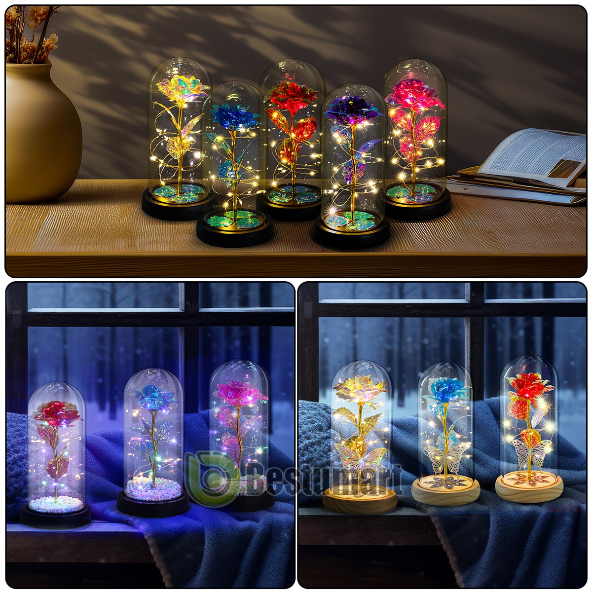 Crystal Eternal Galaxy Rose Flower LED Light Glass In Dome Gifts for Her Lovers