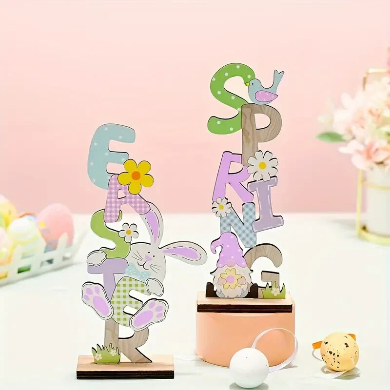 Easter & Spring Wooden Table Sign Easter Bunny Gnome Stand Tabletop Decor Set 2