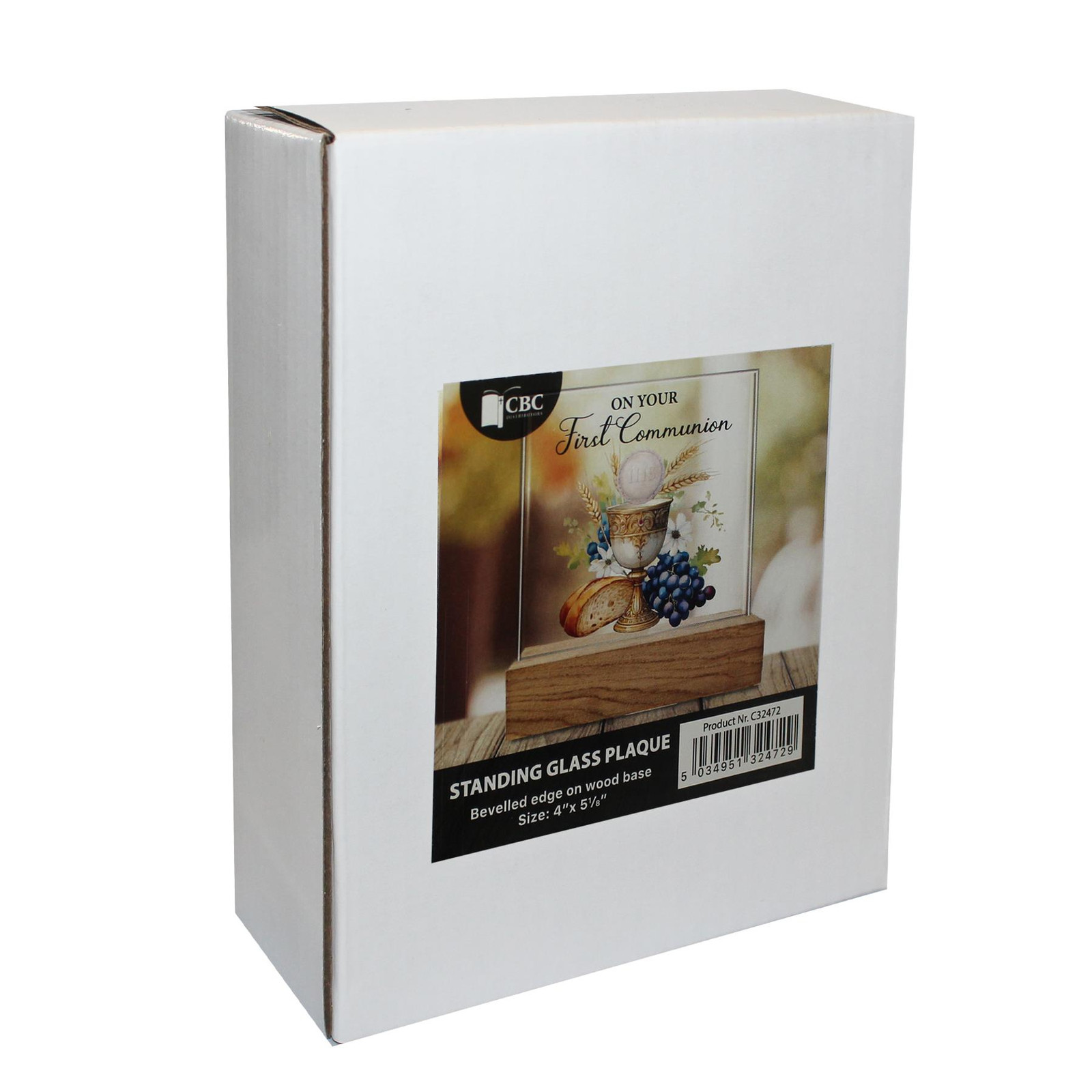 First Communion Glass Plaque on a Wooden Base – Symbolic
