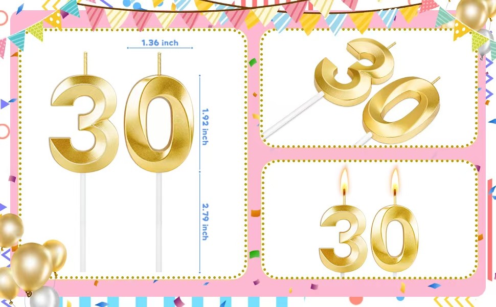 30th Birthday Candles for Cake, Gold Candles for Happy Birthday