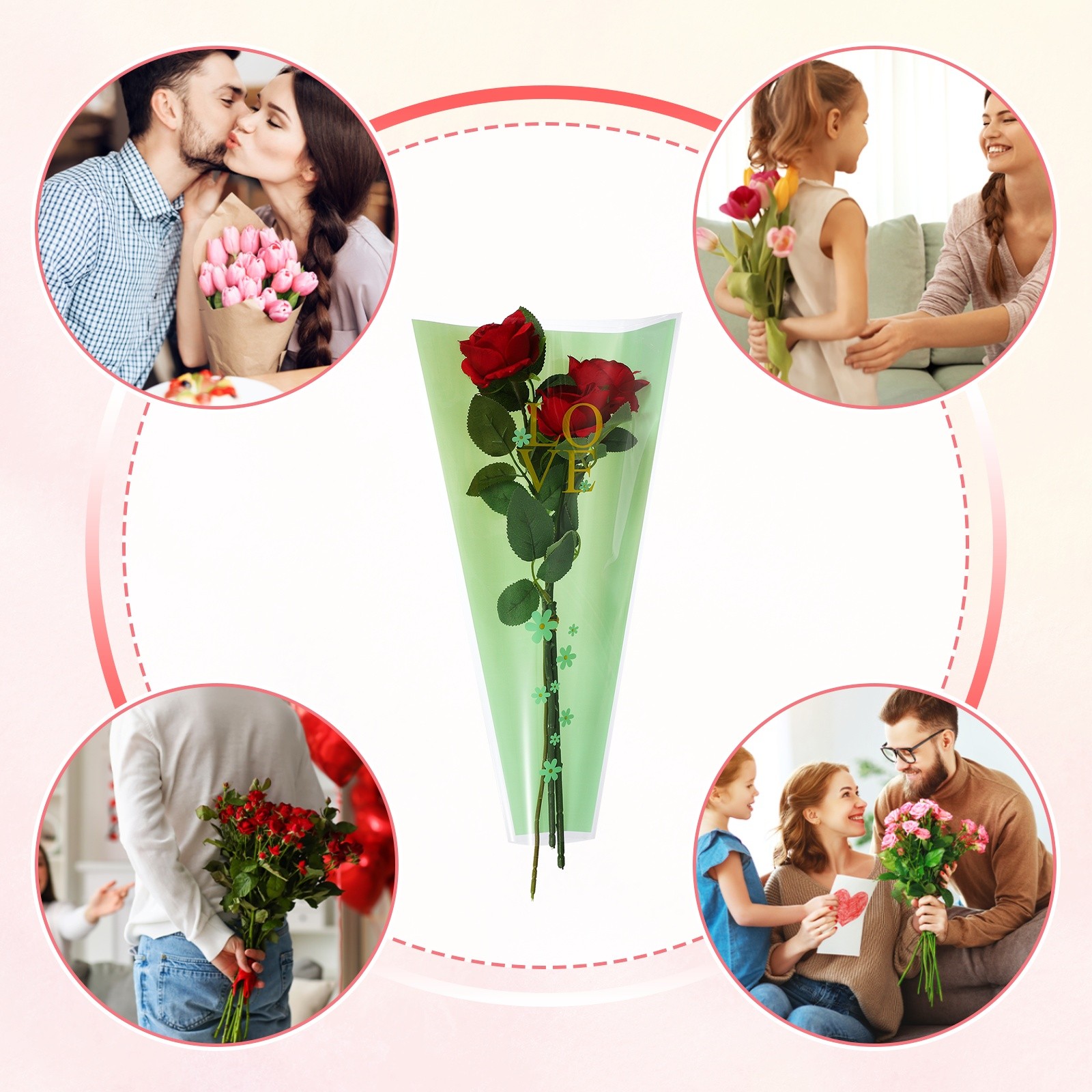 150 Pcs Plastic Rose Floral Bouquet Bags 17.7″ Flower Sleeves Bags, Green