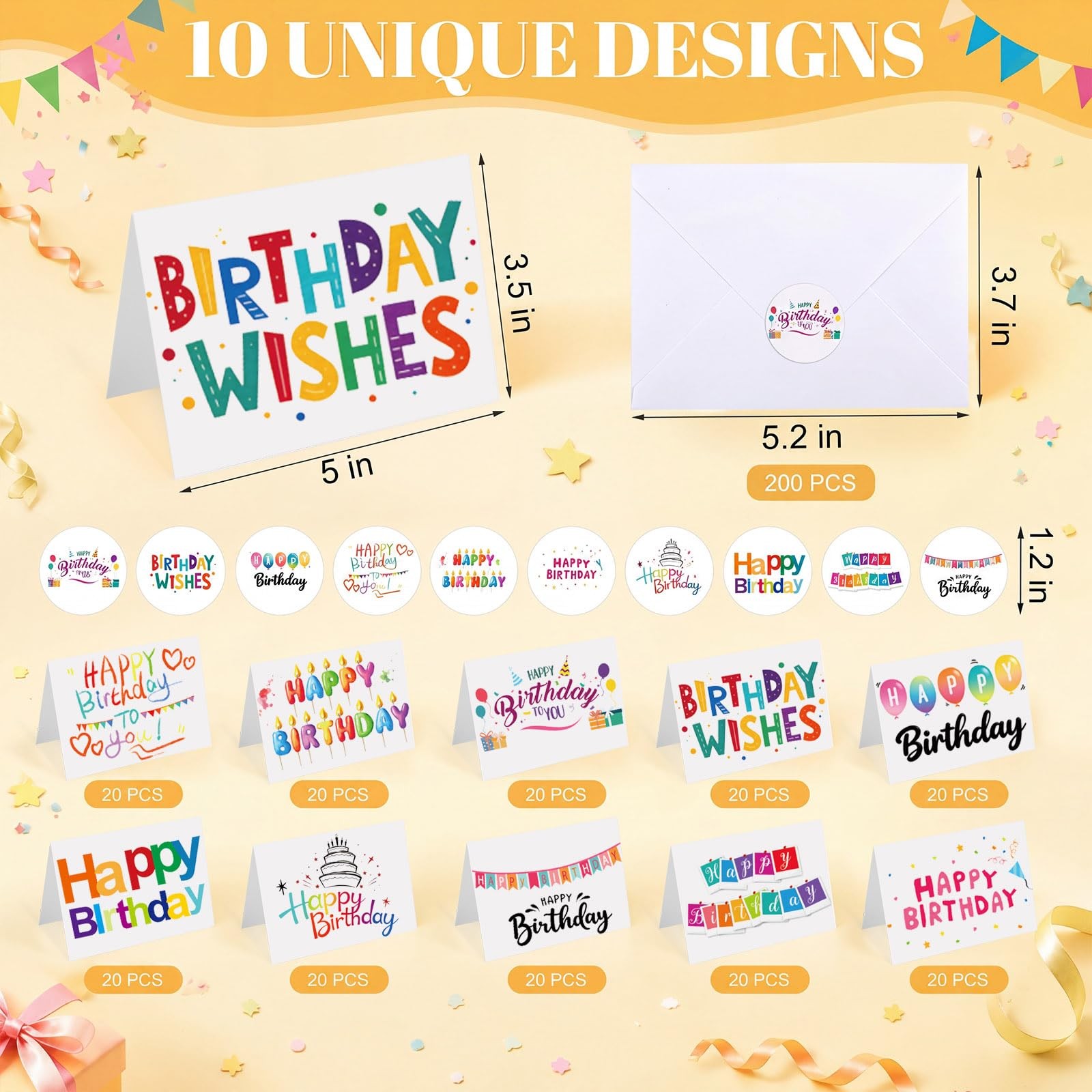 200 Pcs Happy Birthday Cards Bulk with 3.5 x 5 inches, Multicolor