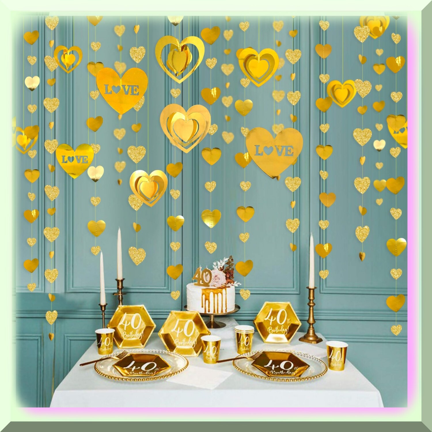 Golden Love Celebration Kit with Heart Garlands and Streamers