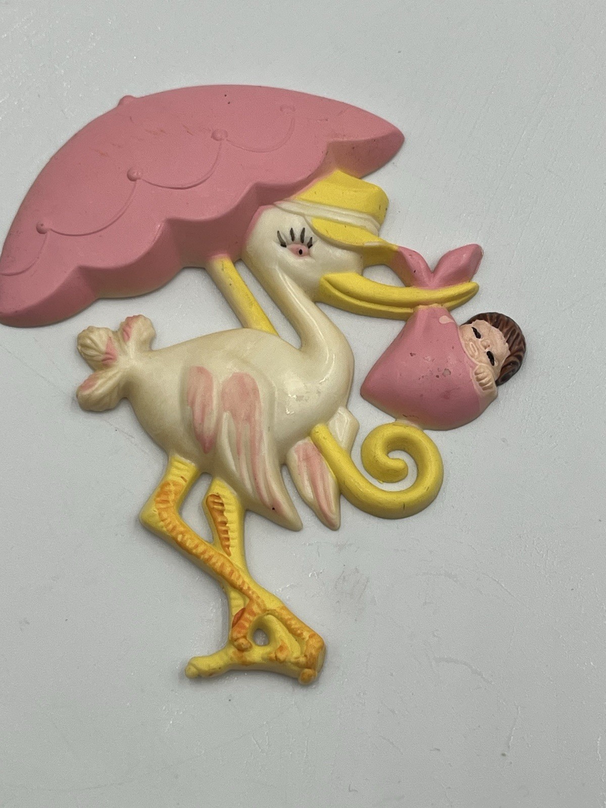 Plastic Pink Stork Umbrella & baby shower favor floral cupcake pic COLLECTIBLE