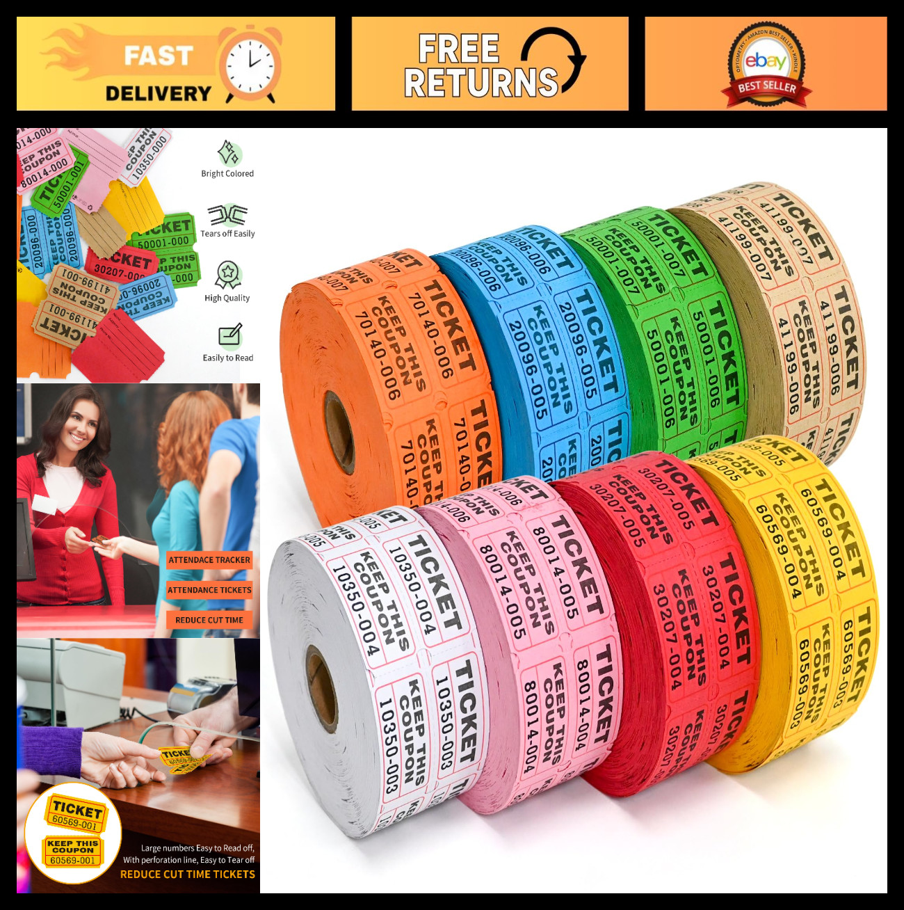 Multicolor Raffle Tickets – 8000 Pairs, Consecutively Numbered, Perfect for Part