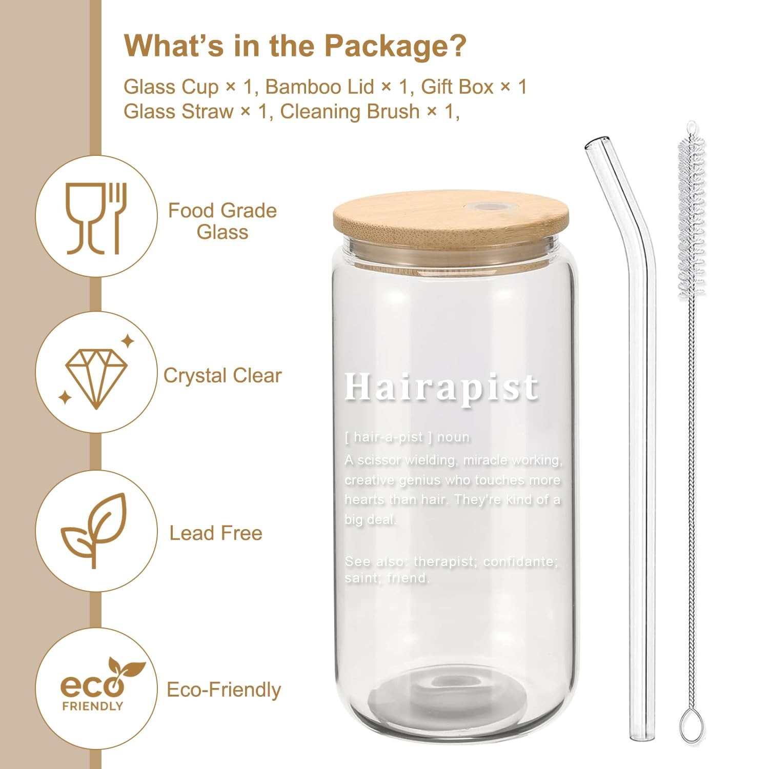 Hairdresser Gifts for Women – Hairapist Glass Cups with Lids and Straws, Barb…