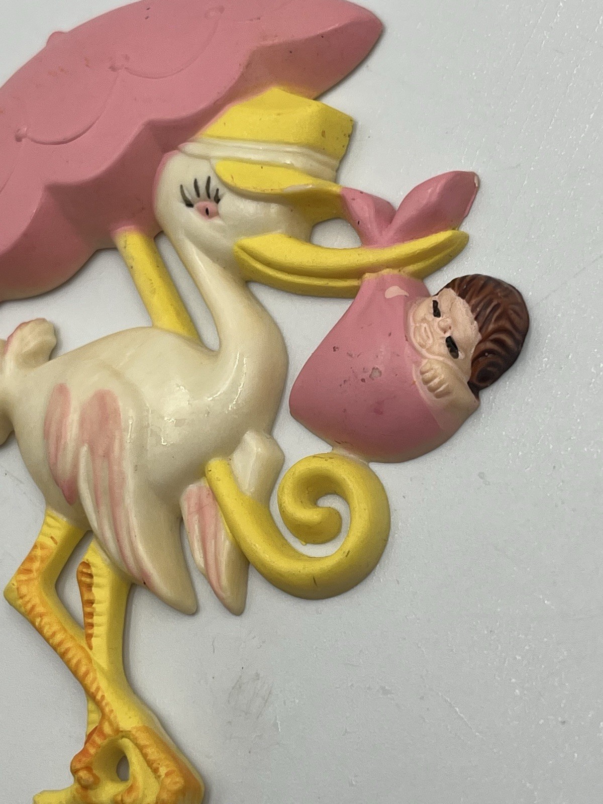 Plastic Pink Stork Umbrella & baby shower favor floral cupcake pic COLLECTIBLE