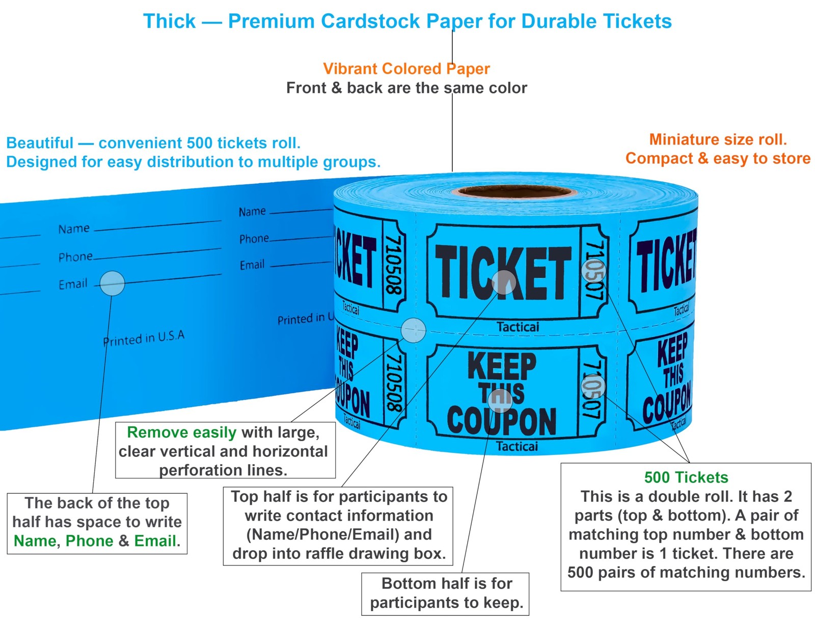500 Double Roll 50/50 Raffle Tickets, Blue