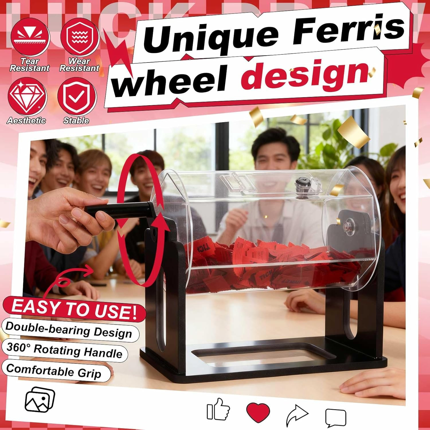 Clear Acrylic Raffle Drum with Shaking Hand – Hexagon Ticket Spinner Box