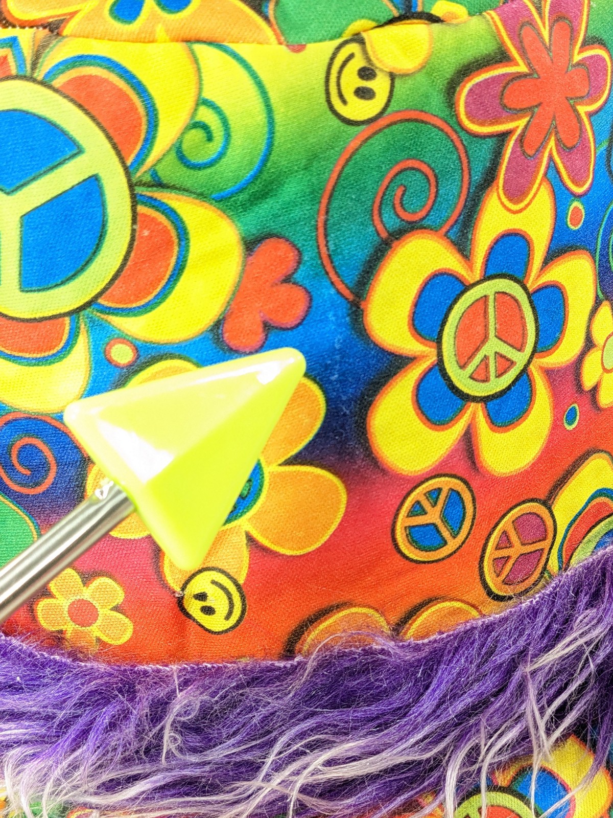 Vtg Y2K Fuzzy Faux Fur Purple Peace Sign Wide Brim Floppy Hat Hippie Costume