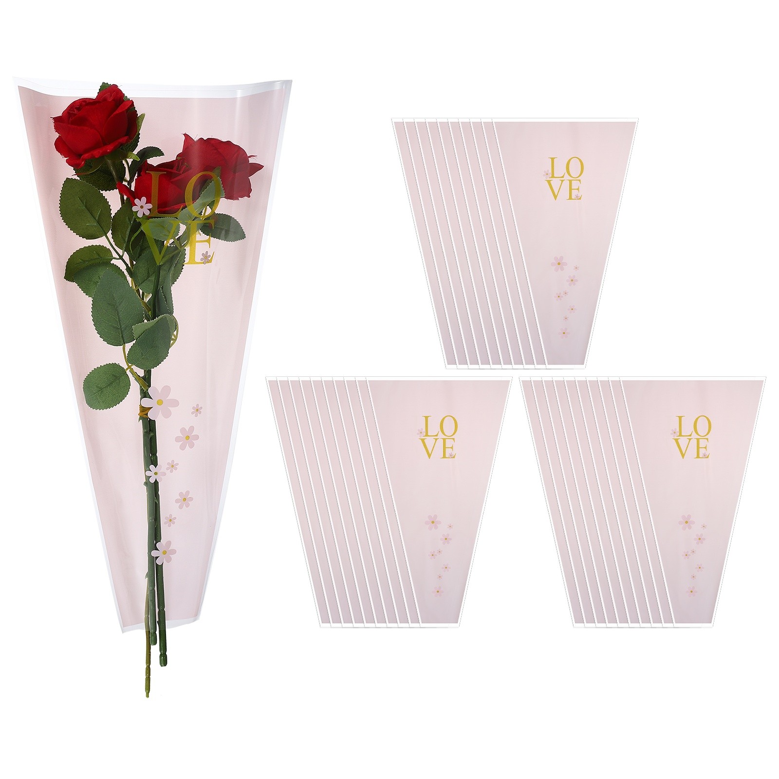 150 Pcs Plastic Rose Floral Bouquet Bags 17.7″ Flower Sleeves Bags, Pink