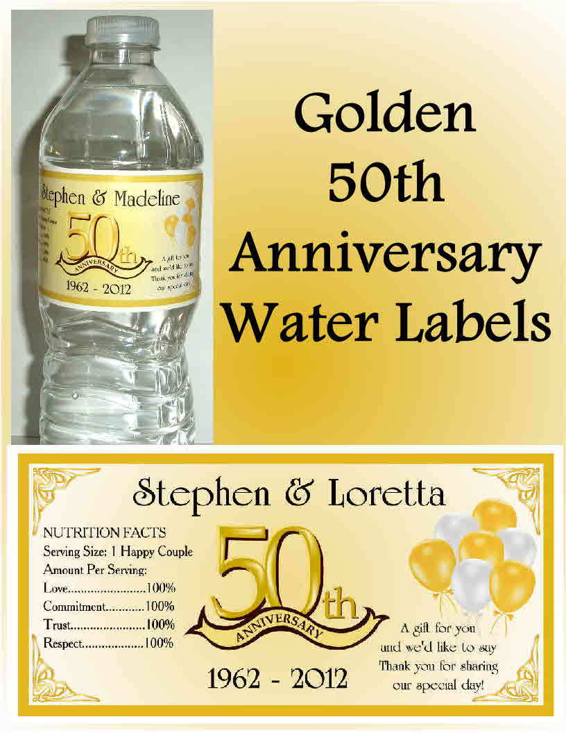 50 GOLDEN 50TH ANNIVERSARY PARTY FAVORS WATER BOTTLE LABELS ~ glossy