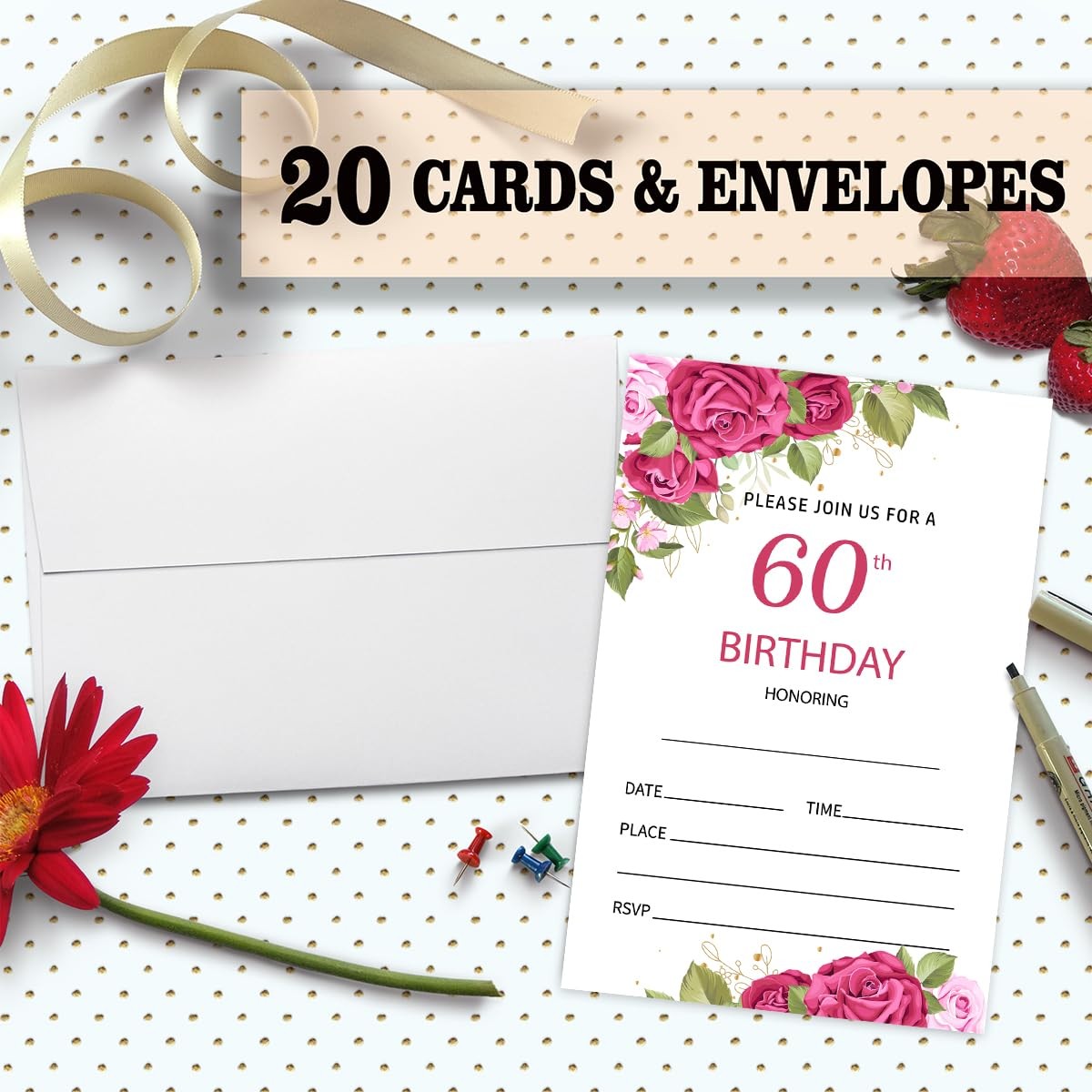 Nopoben 60th Rose Floral Birthday Invitation 4″W x 6″L, Floral-60th