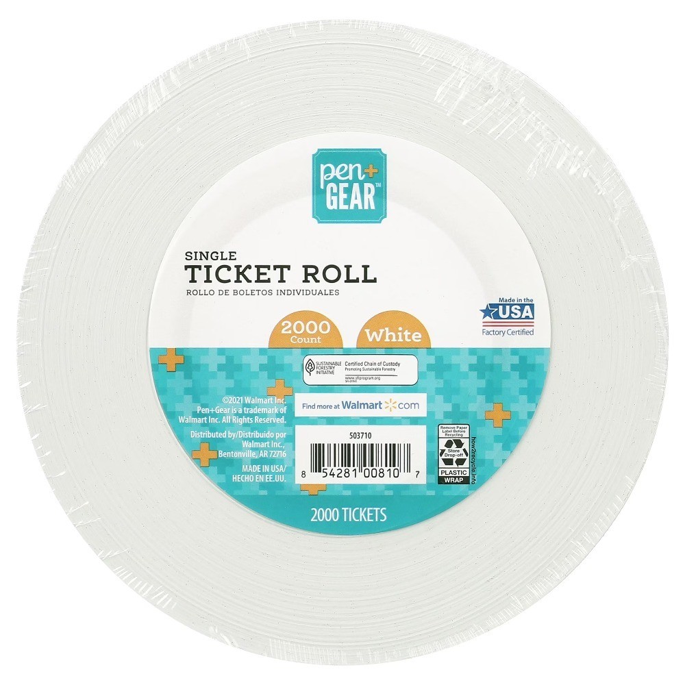 White Single Raffle Ticket Roll, Numbered, 2000 Count