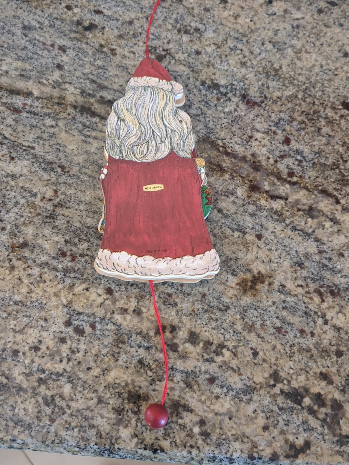 Vintage Santa Wood Pull String Christmas Ornament Susan Feves 1986