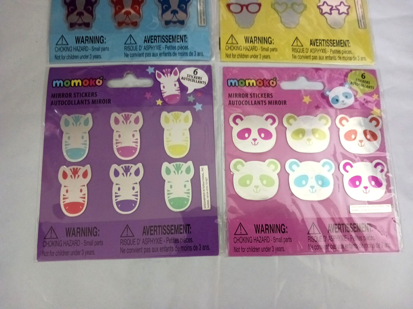 Momoko mirror Stickers. Dog, panda bear, zebra, Giraffe. 24 stickers! 4 packs