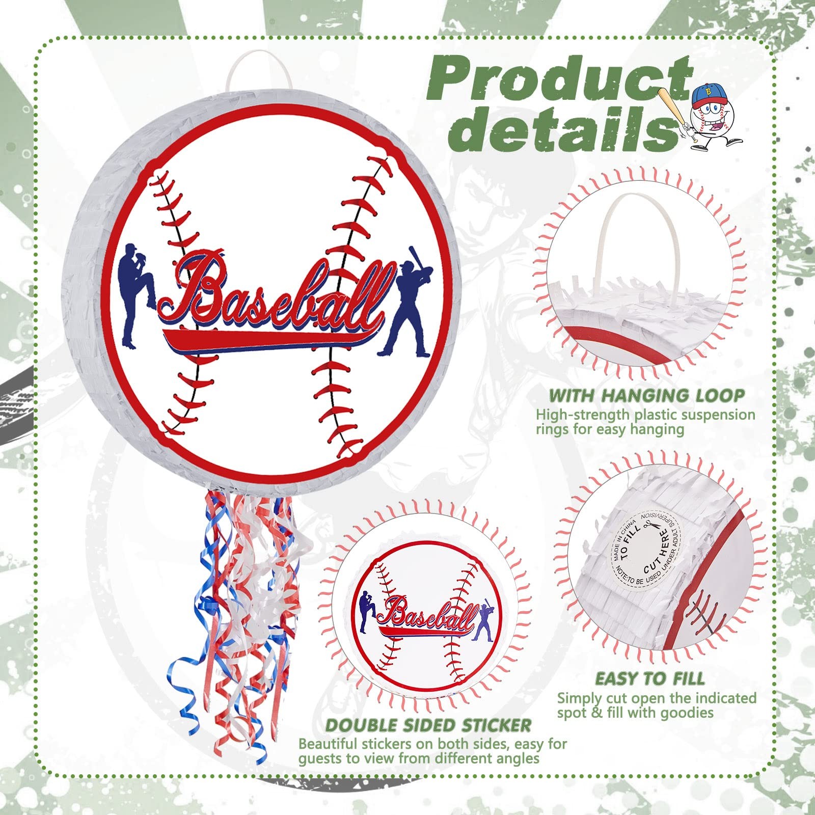 Baseball Piñata Set w/ Stick, Blindfold, Confetti – Birthday Party Game