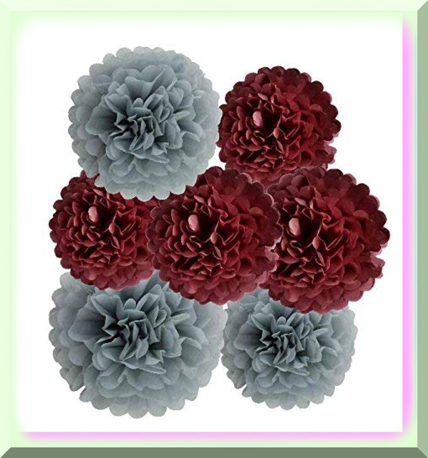12 Grey and Burgundy Tissue Paper Pom Poms