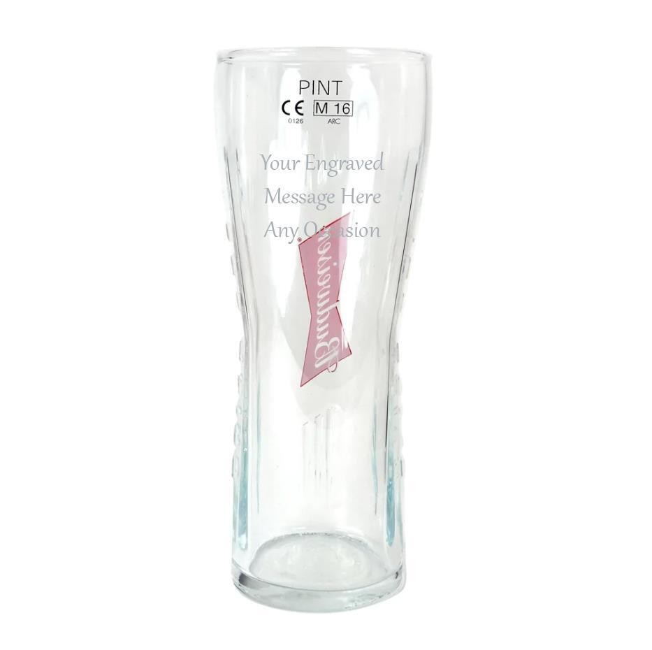 Personalised Budweiser Pint Glass Gift for Him or Her Engraved with Your Message