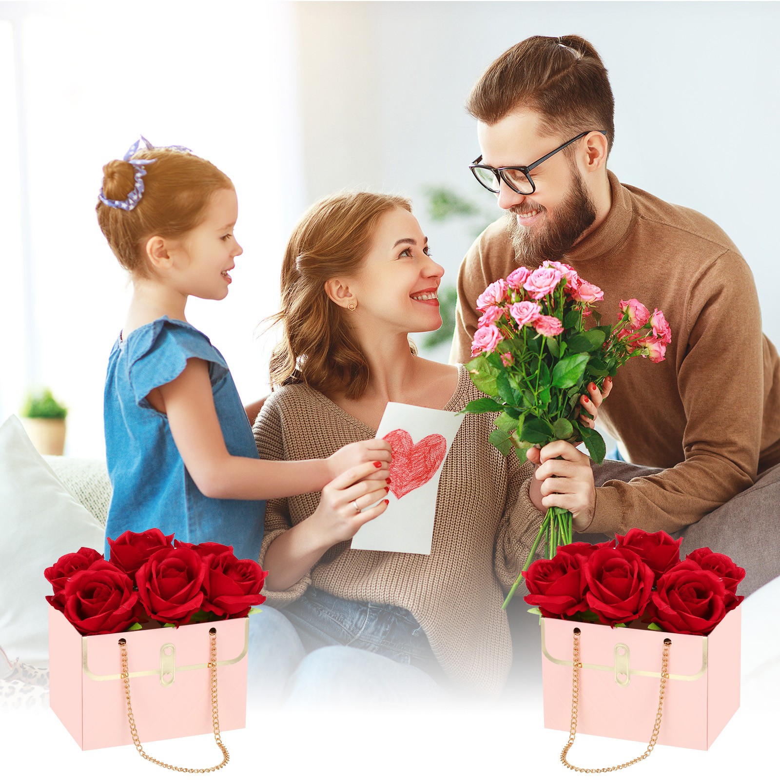 Paper Flower Gift Bags, 4 Pack Rectangle Florist Bouquet Bags Box