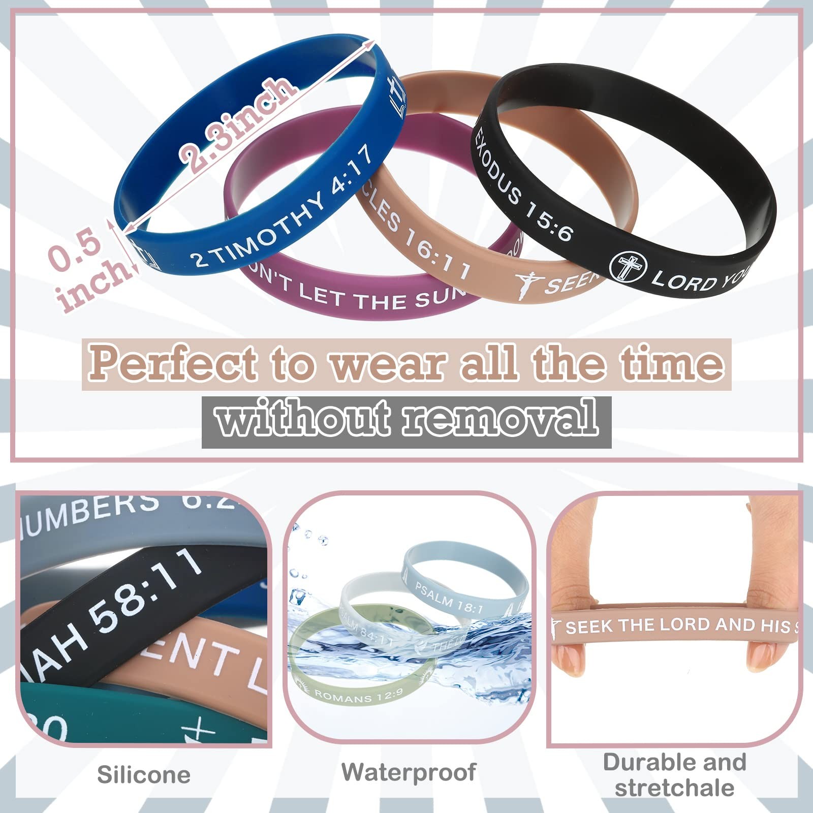 60 Pieces Religious Silicone Bracelets Christian Rubber Bible Verses Wristbands