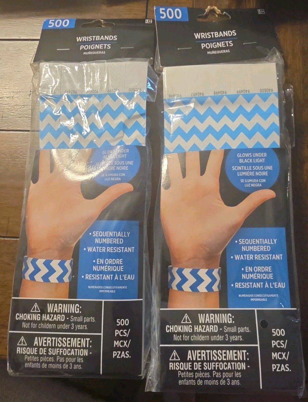 Chevron White Blue Wristbands 1000 Pack Secure Sequentially Numbered Glow Black