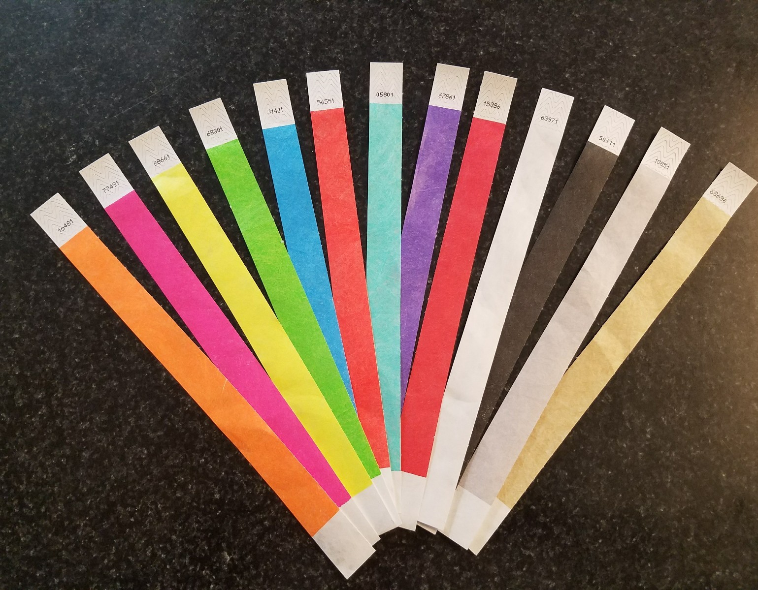 650 3/4″ ASSORTED TYVEK WRISTBANDS, 50 EACH OF 13 COLORS. PAPER WRISTBANDS
