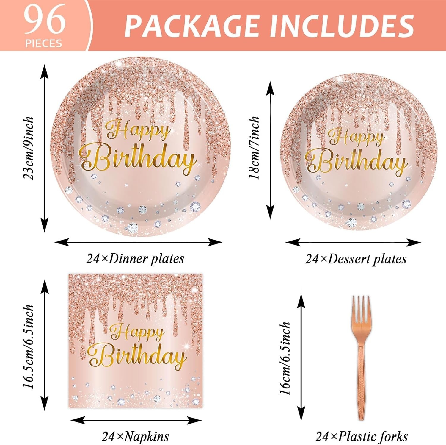 Comprehensive 96-Piece Pink Rose Gold Party Supplies Set – Perfect for Birthdays