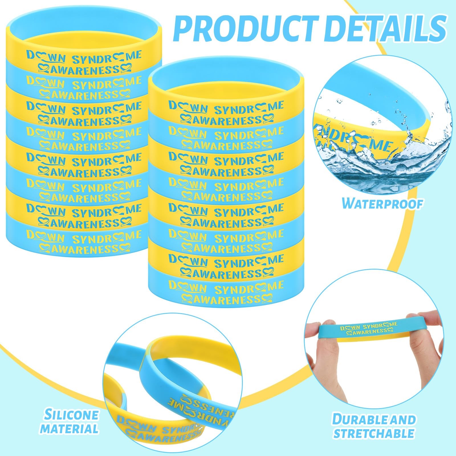 200 Pcs Down Syndrome Awareness Silicone Bracelet Wristband Stretch Blue Yell…