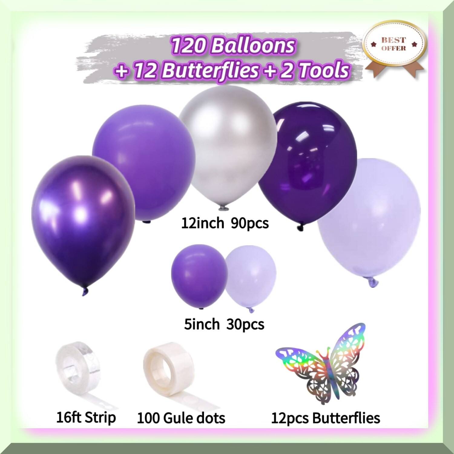 Purple and Silver Balloon Garland Kit with Butterfly Decorations