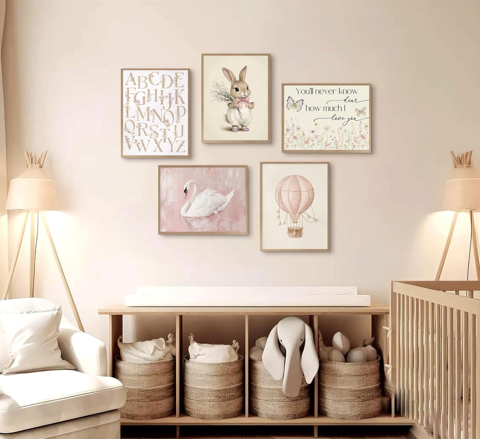 5Pcs Vintage Pink Nursery Wall Art Girl Baby Inspirational Canvas Paintings C…
