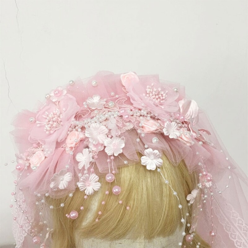 Girls Flower Wreath Headwear Tulle Veils Headband with Beads Tassel Embellished