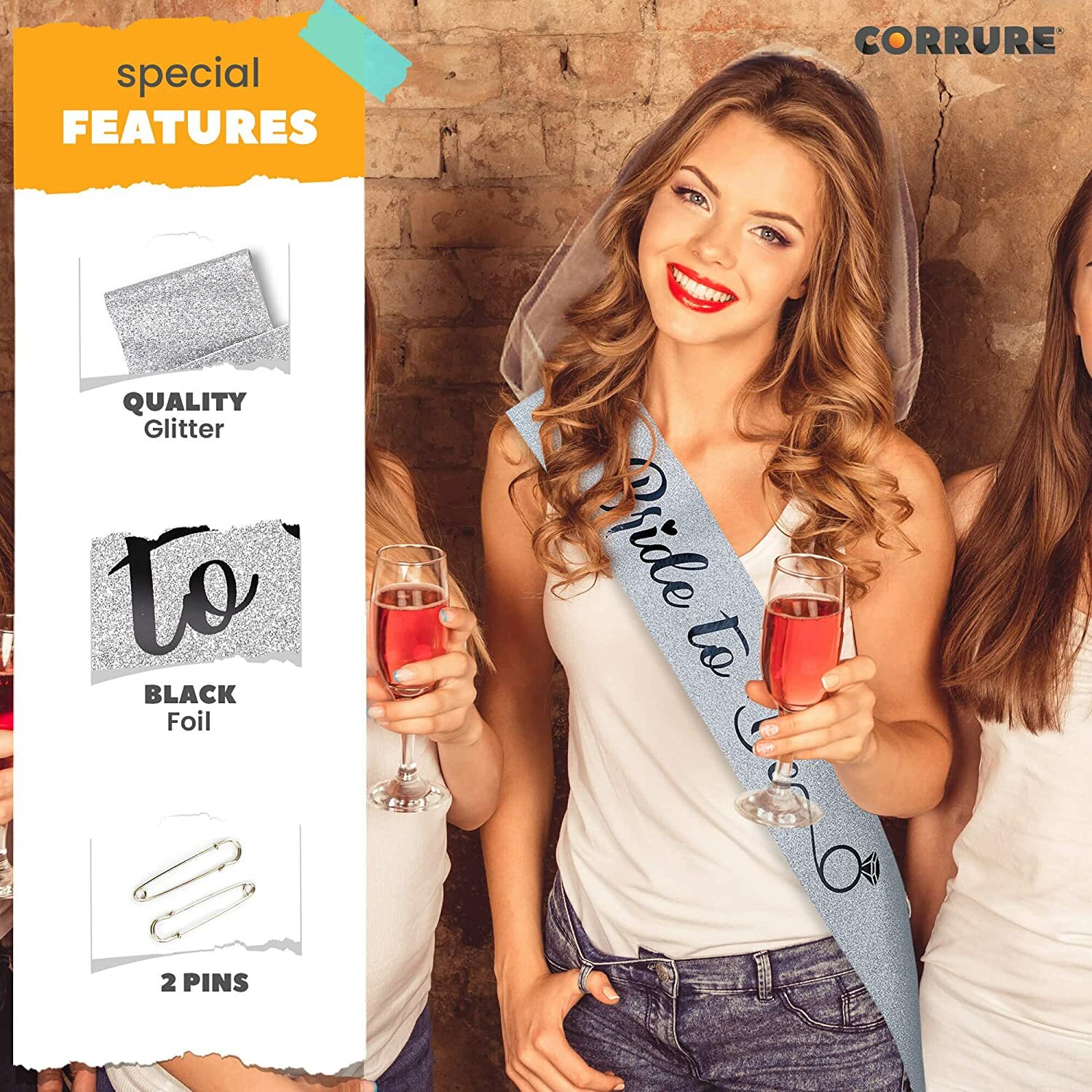 Bride to Be Sash for Bachelorette Party Bridal Shower Silver Glitter Black Foil
